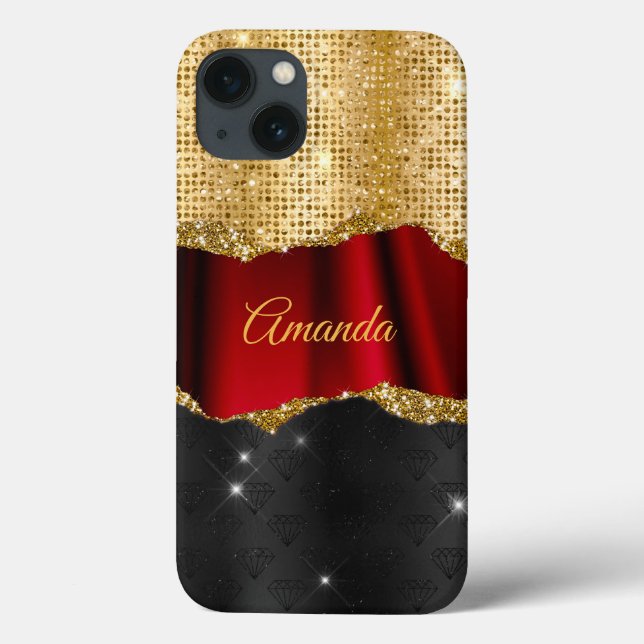 Stylish faux Glitter Red Gold black monogram Case-Mate iPhone Case (Back)