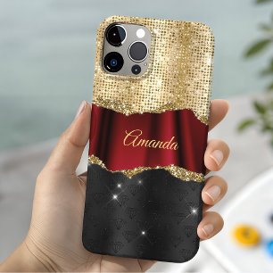 Stylish faux Glitter Red Gold black monogram iPhone 13 Case