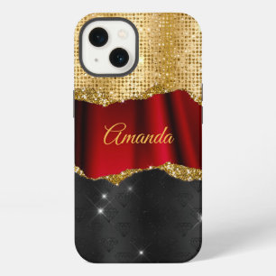 Stylish faux Glitter Red Gold black monogram iPhone 13 Case