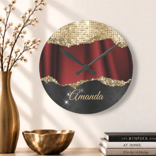 Stylish faux Glitter Red Gold black monogram Round Clock