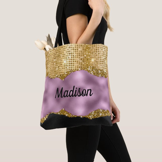 Stylish faux Glitter Violet Gold black monogram Tote Bag (Close Up)