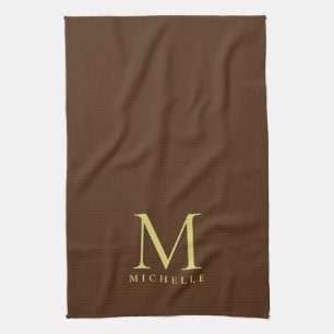 Stylish Faux Gold Monogram Name Template Brown Kitchen Towel