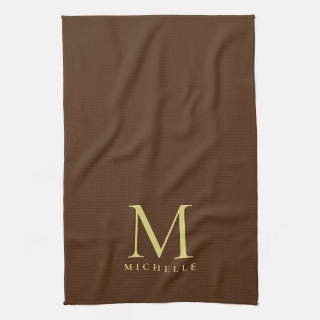 Stylish Faux Gold Monogram Name Template Brown Kitchen Towel (Vertical)