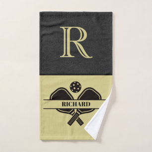 Stylish Faux Leather Monogram Name Pickleball Game Hand Towel