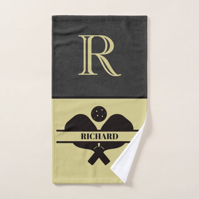 Stylish Faux Leather Monogram Name Pickleball Game Hand Towel (Hand Towel)
