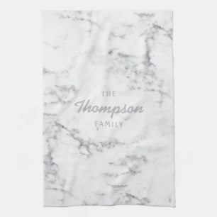 Stylish Faux Marble Texture And Custom Family Name Kitchen Towel