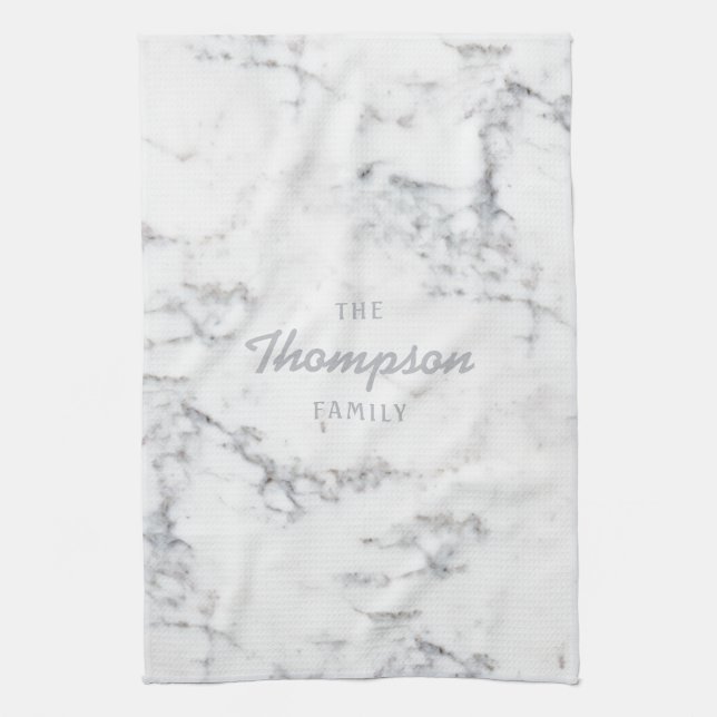 Stylish Faux Marble Texture And Custom Family Name Kitchen Towel (Vertical)