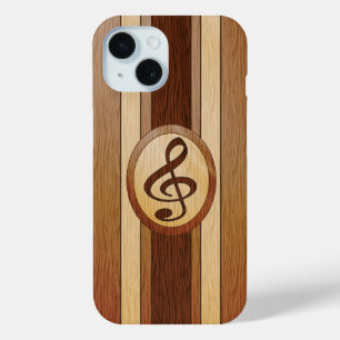 Stylish Faux Wood Treble Clef Inlay iPhone 15 Case