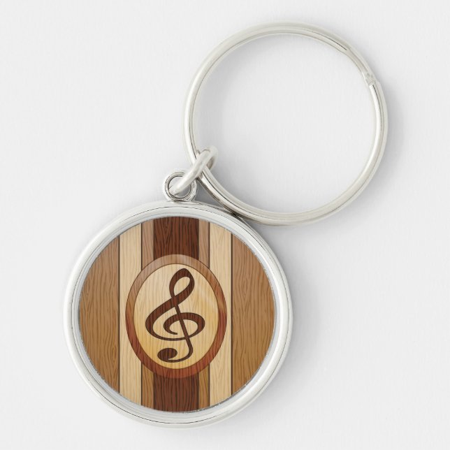 Stylish Faux Wood Treble Clef Inlay Keychain (Front)