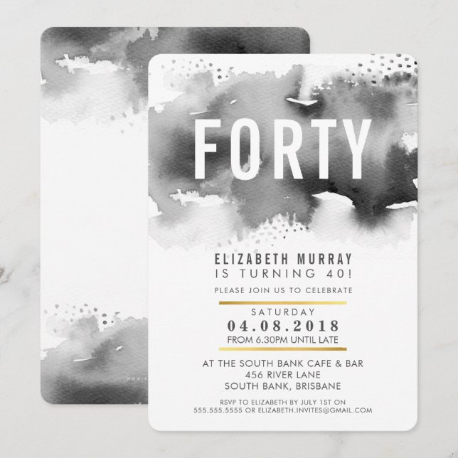 STYLISH fête de 40e anniversaire INVITATION aquare (Devant / Derrière)