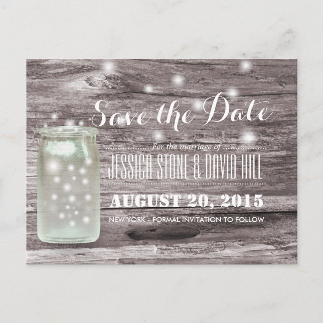 Stylish Fireflies Mason Jar Wood Save the Date Announcement Postcard (Front)