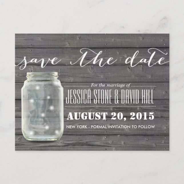 Stylish Fireflies & Mason Jar Wood Save the Date Announcement Postcard (Front)