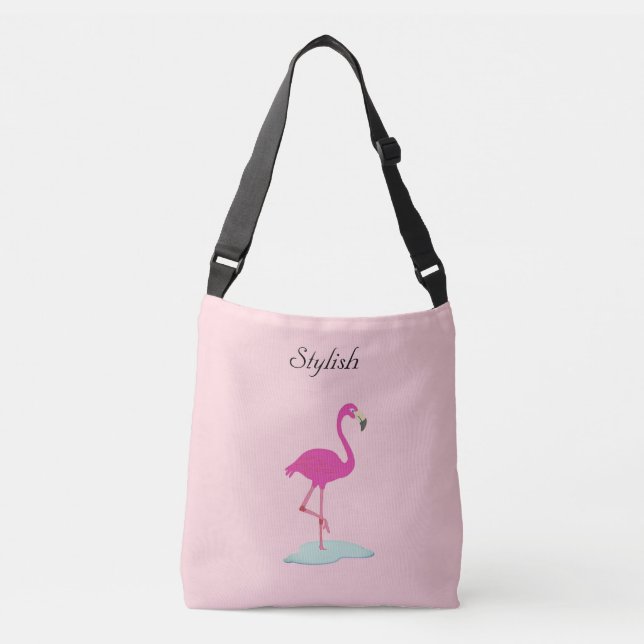 Stylish flamingo on millennial pink crossbody bag (Front)