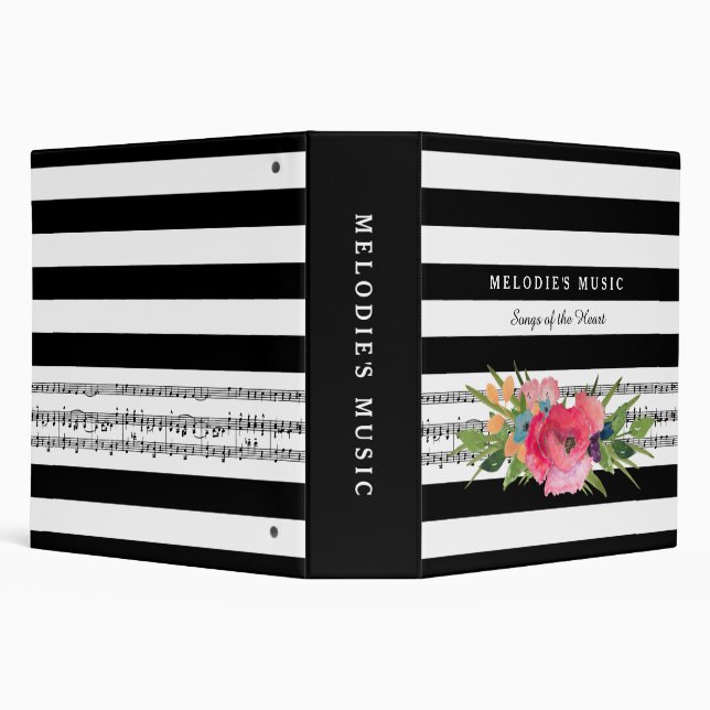 Stylish Floral and Stripes Musical Notes With Name Binder (Background)