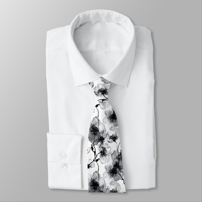Stylish Floral Black White Modern Pattern Tie (Tied)