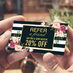 Stylish Floral Black White Stripes Beauty Salon Referral Card<br><div class="desc">This Floral Black White Stripes Beauty Salon Referral Card is a beautiful and stylish way to promote your salon's referral program. The design features a black and white stripe background with vintage gold floral accents, giving it a classic and timeless feel. Customize the card with your salon's branding and contact...</div>