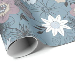 Stylish Floral Blue White Rose Flowers Pattern Wrapping Paper