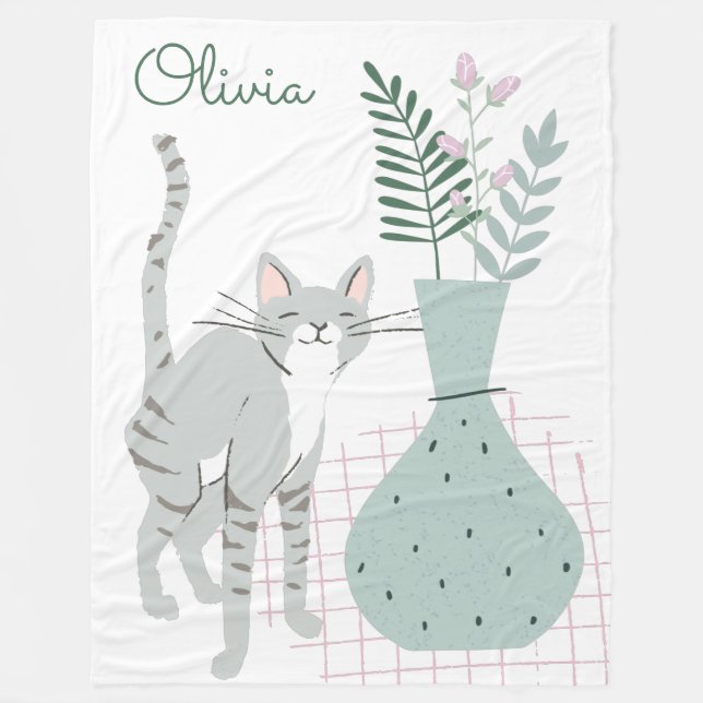 Stylish Floral Cat Lover Illustration Personalized Fleece Blanket (Front)