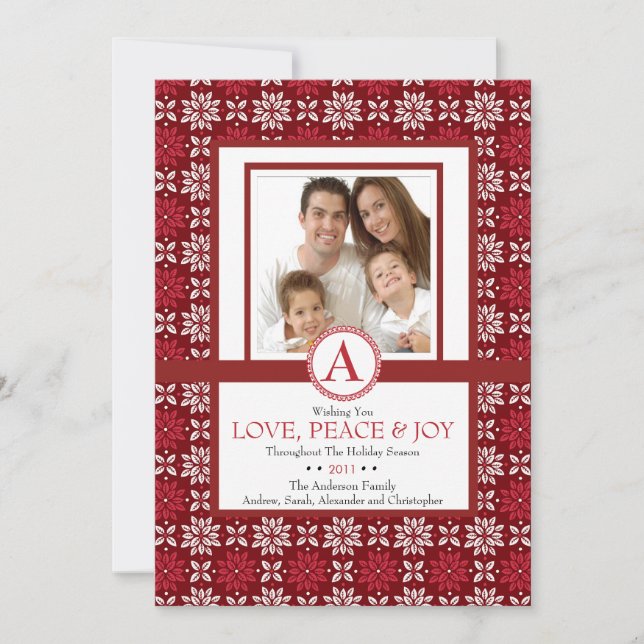 Stylish Floral Christmas Photo Card Red (Front)