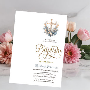 Stylish Floral Cross,Dotted Baptism Invitation