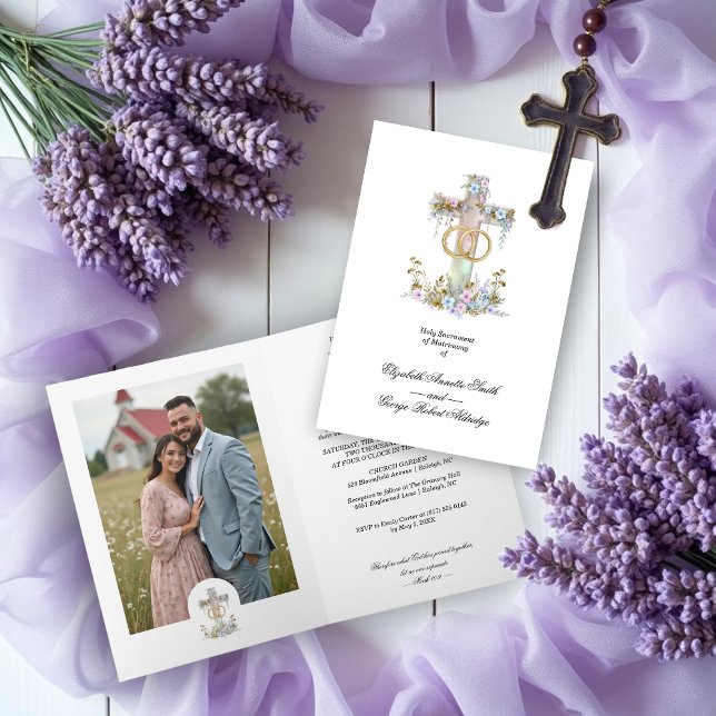 Stylish Floral Cross Wedding Rings Christian Invitation (Stylish Elegant Timeless Sacred Floral Cross & Wedding Rings Christian Wedding Cards with Photo.)