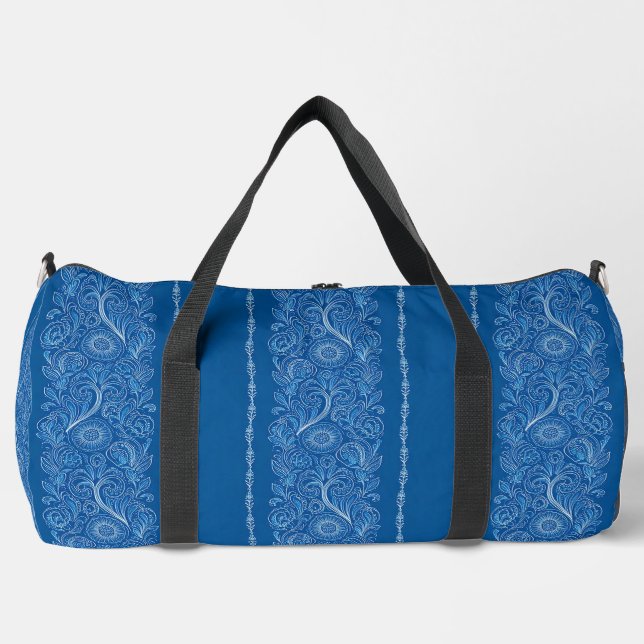 Stylish Floral Duffel Bag in Blue and White (Front)