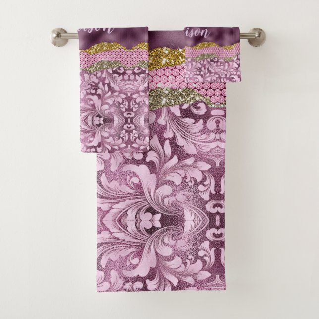 Stylish floral glittery Purple pink gold monogram Bath Towel Set (Insitu)