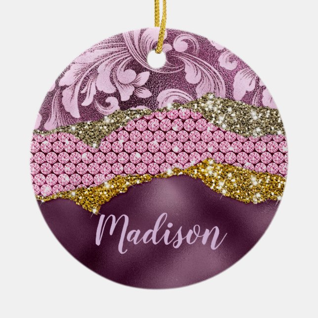 Stylish floral glittery Purple pink gold monogram Ceramic Ornament (Front)