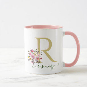 Stylish Floral Gold Pink Custom Monogram Name Mug