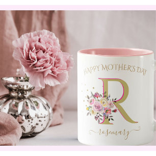Stylish Floral Gold Pink YOUR Monogram Name Two-Tone Coffee Mug