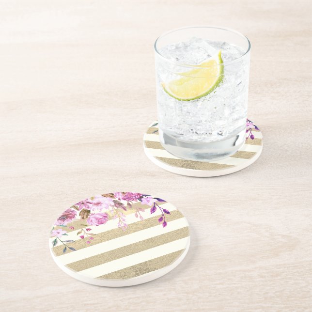 Stylish Floral Gold Striped Coaster (Side)