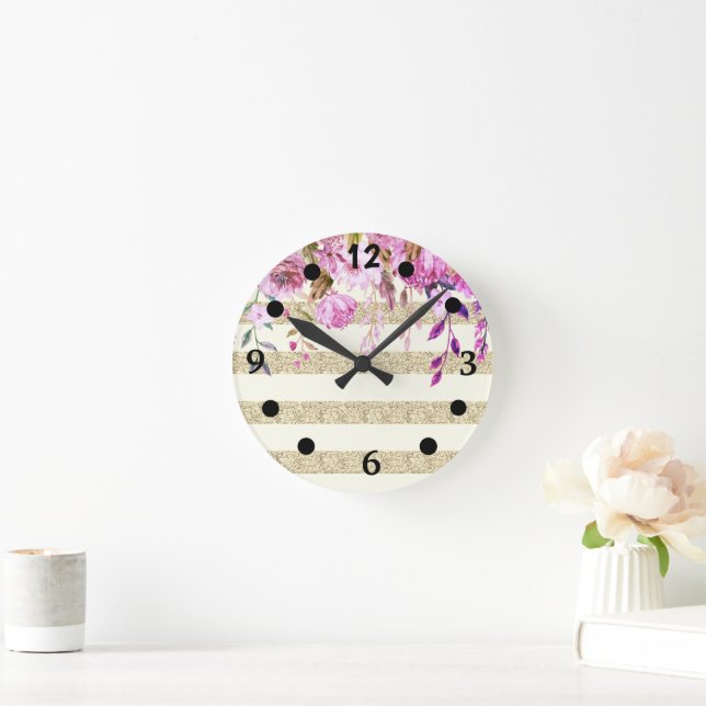 Stylish Floral Gold Striped Round Clock (Home)