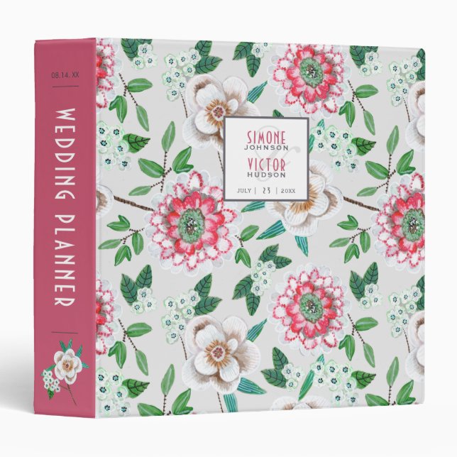 Stylish Floral grey Wedding Planner Binder (Front/Spine)