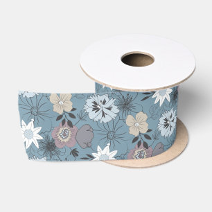 Stylish Floral Illustration Blue and Rose Pattern Satin Ribbon