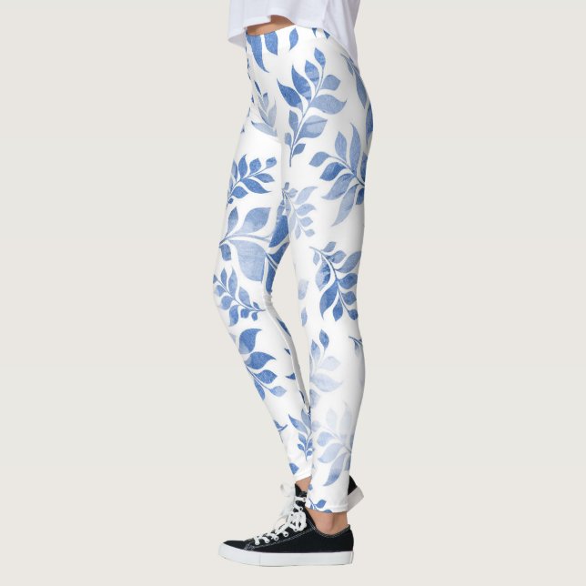 Stylish Floral Legging: Blue Flower & Leaves Print Leggings (Left)