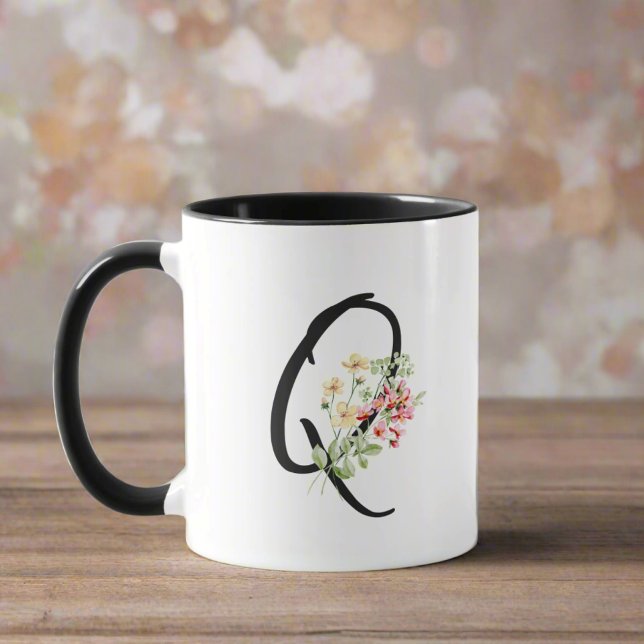 Stylish Floral Letter Q Black Typography Script  Mug (Creator Uploaded)