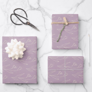 Stylish Floral Line Art Drawing in Dusty Lilac Wrapping Paper Sheet