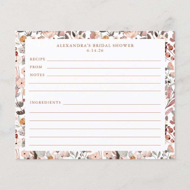 Stylish Floral Neutrals Jolie carte de recette fro (Devant)