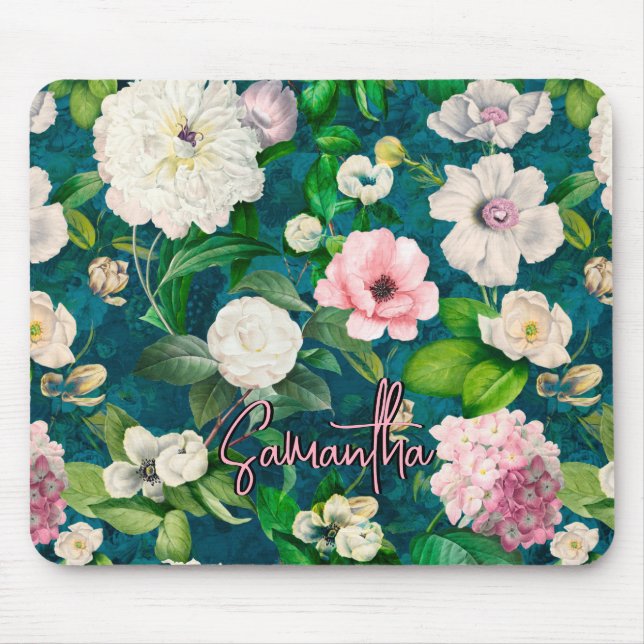 Stylish floral pink flowers green monogram pattern mouse pad (Front)