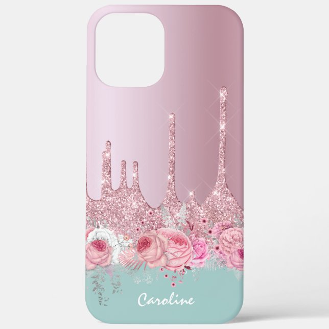 Stylish floral pink rose gold glitter drips mint Case-Mate iPhone case (Back)
