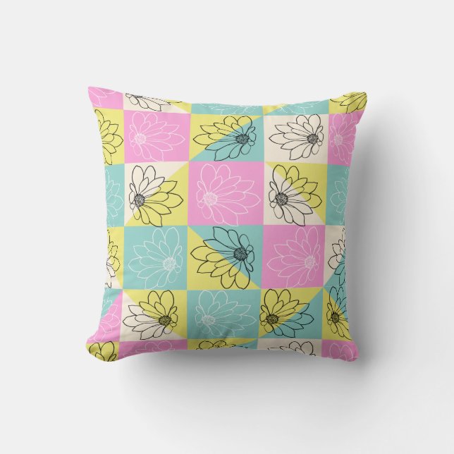 Stylish Floral pink teal & yellow Pastel Chequered Throw Pillow (Front)