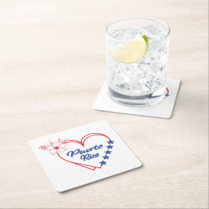 Stylish Floral Puerto Rico Heart Illustration Square Paper Coaster