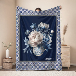 Stylish floral vase Blue chinoiserie monogram Fleece Blanket