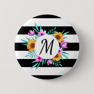Stylish Floral Wreath Black Stripes Monogram 2 Inch Round Button