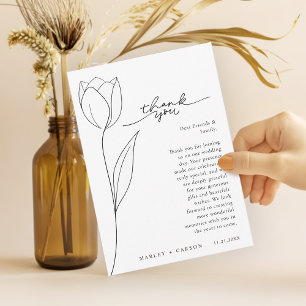 Stylish Flower Line Art Black White Wedding Thank You Card