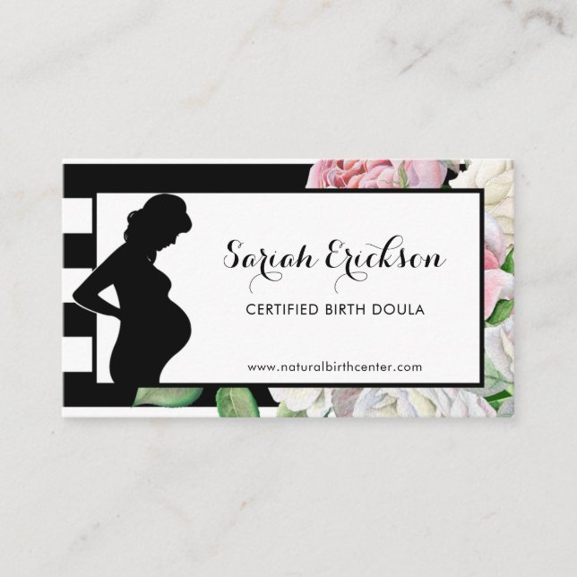 Stylish Flowers and Stripes Maternity Birth Doula Business Card (Front)