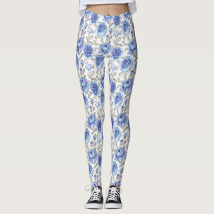 Stylish flowers Blue and grey Botanical pattern Leggings