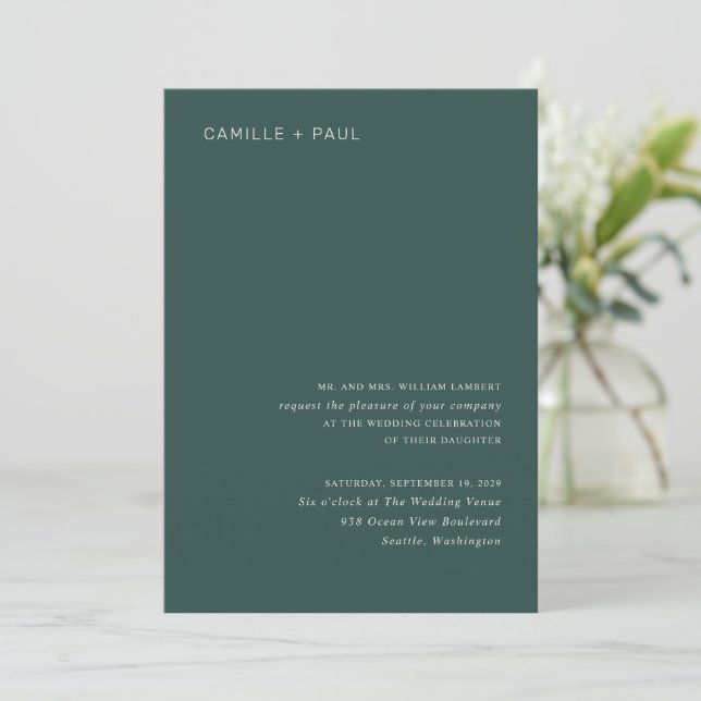 Stylish Forest Green Minimalist Wedding Invitation (Standing Front)