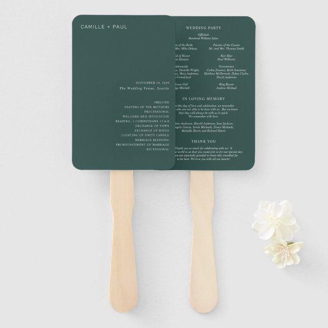 Stylish Forest Green Minimalist Wedding Program Hand Fan (Front and Back)