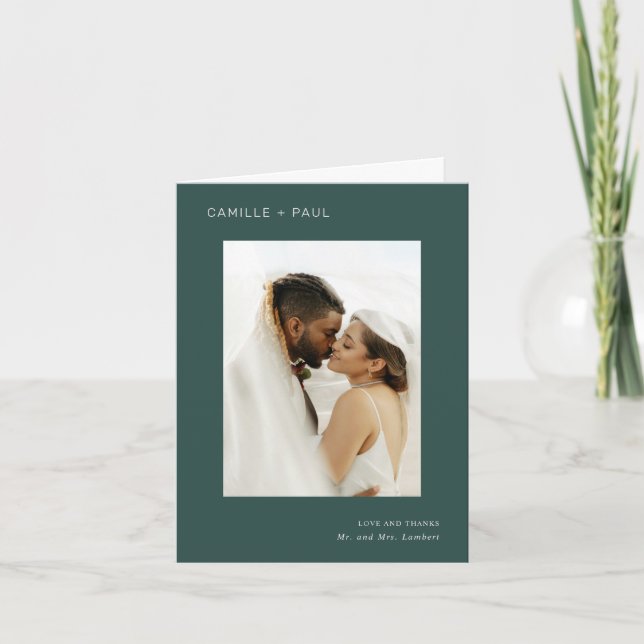 Stylish Forest Green Photo Minimalist Wedding Thank You Card (Front)